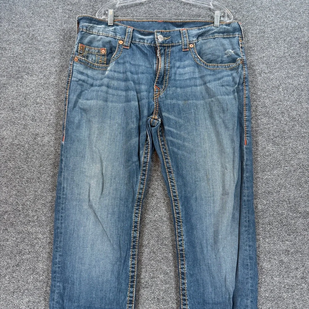 True Religion Slim Jeans Mens 38 Blue Contrast Stitch Horseshoe Denim Casual